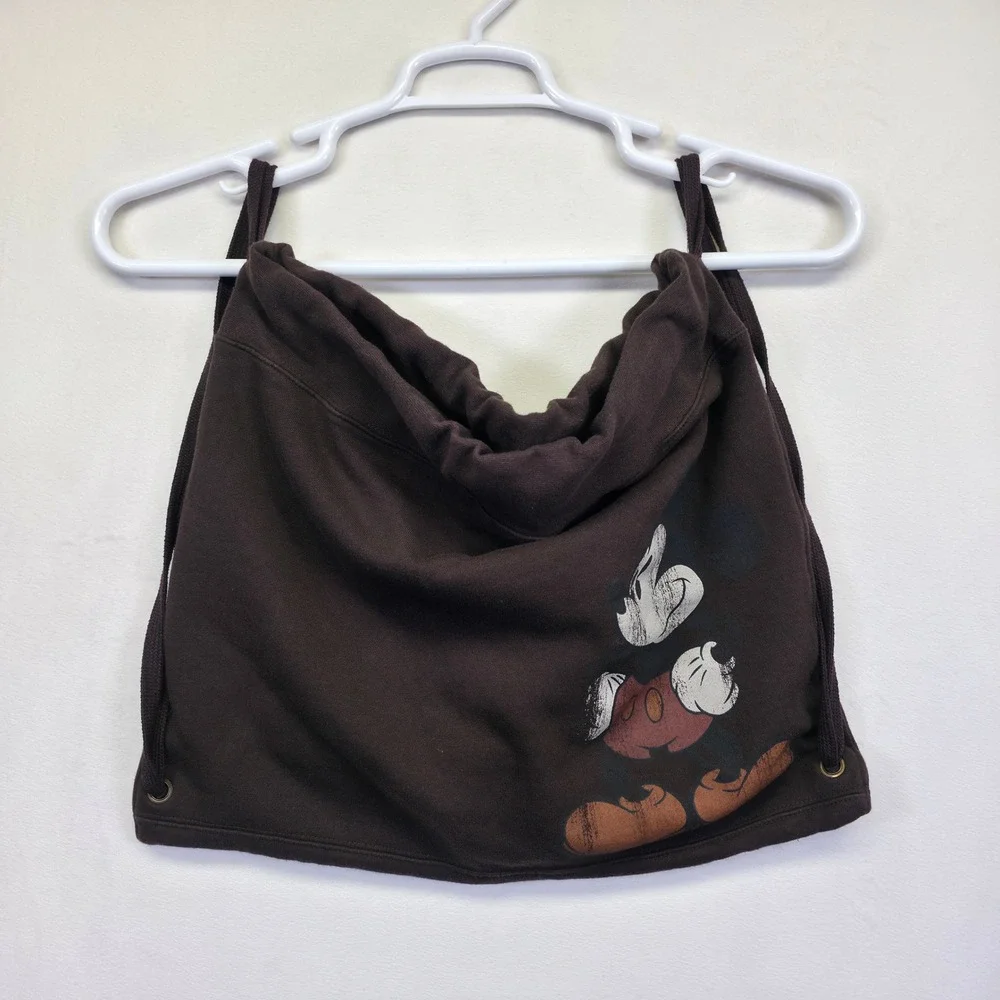 Mickey Mouse Drawstring Backpack Brown Walt Disney Fleece Lined Cartoon Vintage
